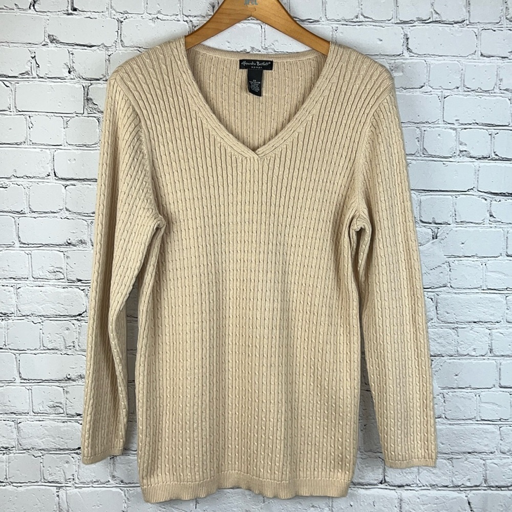 ALEXANDRA BARTLETT Fisherman Knit V-Neck Sweater Ecru Beige 2X